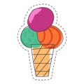 Hand drawn colorful ice cream with three balls-orange pistachio green purple in the waffle cup Royalty Free Stock Photo
