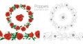 Hand drawn colorful and monochrome poppy flowers circular wreath and seamless brush. Floral design element. Isolated on Royalty Free Stock Photo