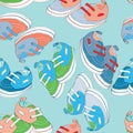 Colorful newborn shoes for boys. Seamless pattern. Vector illustration on light turquoise background