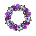 Hand drawn colorful pansy flowers circular wreath. Floral design element. Isolated on white background. Vector Royalty Free Stock Photo