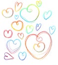 Hand-drawn colorful red and blue lines of hearts of different sizes as a symbol of love on a white background. multi-colored line