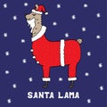 Hand-drawn colorful Santa lama in a christmas suit