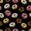 Hand drawn colorful seamless pattern of donuts in the engraving style on black background.