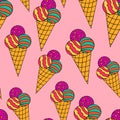 Hand drawn colorful seamless pattern with ice cream with three balls in the waffle cup Royalty Free Stock Photo