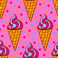 Hand drawn colorful seamless pattern with strawberry ice cream in the waffle cone Royalty Free Stock Photo