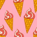 Hand drawn colorful seamless pattern with strawberry ice cream in the waffle cone Royalty Free Stock Photo