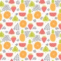 Hand drawn colorful seamless pattern with tropical fruits and leaves. Cute summer background. Creative texture