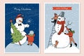 Hand-drawn colorful set of doodle postcards with kids. Family weekend in nature, making a big snowman outside, child hugging a