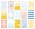 Hand drawn colorful square vector textures with lines, dots and