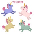 Hand drawn colorful unicorns collection. Perfect for T-shirt, stickers and print. Doodle vector illustration