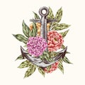 The Sea Anchor with peones flowers logo Royalty Free Stock Photo