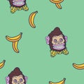 Hand drawn colorful vector background illustration of crazy funny brown circus monkey with yellow tie and bananas Royalty Free Stock Photo