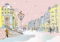 Hand drawn colorful vector Illustration of the romantic street with snowy buildings in winter.