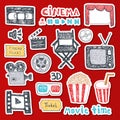 Hand drawn colorful vector illustrations - Cinema collection. Movie and film elements in sketch style. Royalty Free Stock Photo