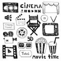 Hand drawn colorful vector illustrations - Cinema collection. Movie and film elements in sketch style. Royalty Free Stock Photo