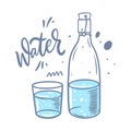 Hand drawn colorful water bottle and glass. Vector illustration cartoon style. Royalty Free Stock Photo