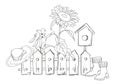 Hand-Drawn Coloring Page For Kids With A Garden Theme Featuring A Fence, Birdhouse, Sunflower, Straw Hat