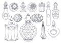 Hand drawn coloring page with set of vintage crystal jars and jeweled antique perfume bottles Royalty Free Stock Photo