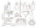 Hand drawn coloring page of vintage chemistry objects