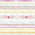 Hand drawn colourful tribal lines, stripes on white background vector seamless pattern. Fresh abstract geometric drawing