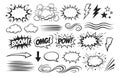 Hand drawn comic graphic elements set featuring speech bubbles, explosion effects, and speed lines for dynamic design Royalty Free Stock Photo
