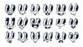 Hand drawn comic smiling faces with eyes and mouths. Doodle emoji mascots, retro mouths and eyes flat vector illustration