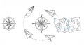 Hand-drawn compass, paper airplanes orbiting, and a folded map i Royalty Free Stock Photo