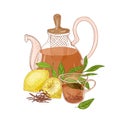 Hand drawn composition with glass transparent teapot with strainer, cup of black tea, fresh lemon and leaves isolated on