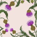 Hand drawn composition of a thistle flower. Seamless pattern with Milk Thistle on background of pastel colors.