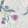 Hand drawn composition of a thistle flower. Seamless pattern with Milk Thistle on background of pastel colors.