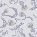 Hand drawn composition of a thistle flower. Seamless pattern with Milk Thistle on background of pastel colors.