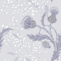 Hand drawn composition of a thistle flower. Seamless pattern with Milk Thistle on background of pastel colors.