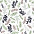 Hand drawn coniferous branches. Vector seamless pattern