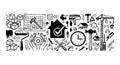 Hand drawn construction and home improvement tools icons including hammer paint roller blueprint clock crane and gear elements Royalty Free Stock Photo