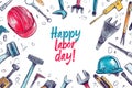 Hand Drawn Construction Tools Featuring Happy Labor Day on White Background, Sketch Style Royalty Free Stock Photo