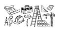 Hand drawn construction tools set including blueprint, toolbox, ladder, helmet, paint roller, crane, and brick wall illustrations Royalty Free Stock Photo