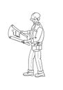 Hand drawn construction worker reading blueprint with helmet tool belt and boots isolated on white background in vector style. Royalty Free Stock Photo