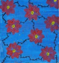 Hand drawn contrast botanical background with red flowers on blue.