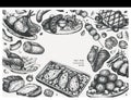 Hand drawn cooked meat dishes frame design. Vector food illustration. Engraved style meat products, steaks, sausages background.