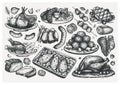 Hand drawn cooked meat dishes sketches set. Vector food illustration. Engraved style meat products, steaks, sausages. Meat Royalty Free Stock Photo