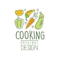 Hand drawn cooking logo design with fresh vegetables. Organic food cafe. Culinary line label with carrot, pepper Royalty Free Stock Photo