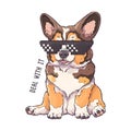 Hand drawn corgi puppy portrait Vector. Dog with pixel glasses.