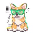 Hand drawn corgi puppy portrait Vector. Dog with pixel glasses.