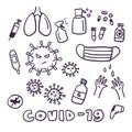 Hand drawn Coronavirus doodle collection. COVID-19 symbol.