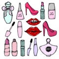 Hand drawn cosmetics and fashion make up objects: lipstick, mascara, perfume, nail polish, shoes. Royalty Free Stock Photo