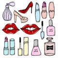Hand drawn cosmetics and fashion make up objects: lipstick, mascara, perfume, nail polish, shoes.