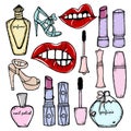 Hand drawn cosmetics and fashion make up objects: lipstick, mascara, perfume, nail polish, shoes. Royalty Free Stock Photo