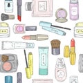 Hand drawn cosmetics pattern. Beauty and makeup.