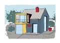 Hand drawn cottage. modern private residential house. colorful sketch illustration.