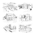 Hand drawn cottage. modern private residential houses. sketch illustrations set. Royalty Free Stock Photo